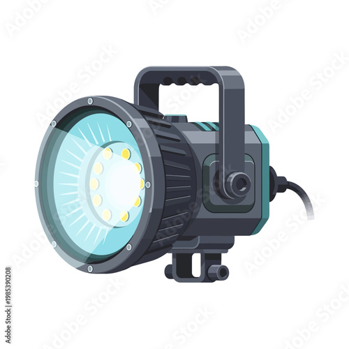 Modern LED spotlight with adjustable handle on white background, professional lighting equipment