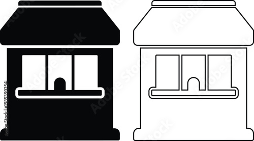 Minimalist flat vector icon set featuring a cinema movie theater box office ticket booth kiosk in clean solid black silhouette and linear outline styles isolated on a white background.