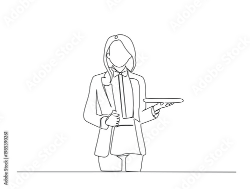Continuous one line drawing of waitress holding a tray for a food service single line art concept of restaurant bar and cafe. Editable line vector.