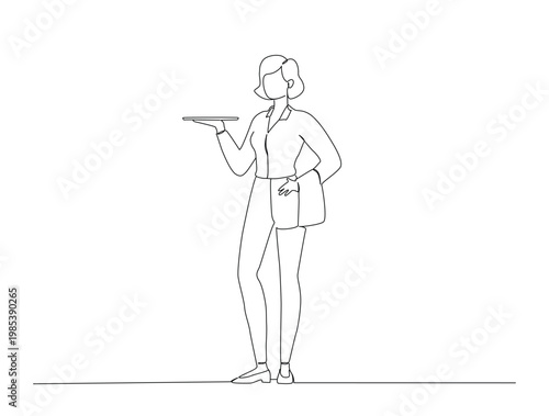 Continuous one line drawing of waitress holding a tray for a food service single line art concept of restaurant bar and cafe. Editable line vector.