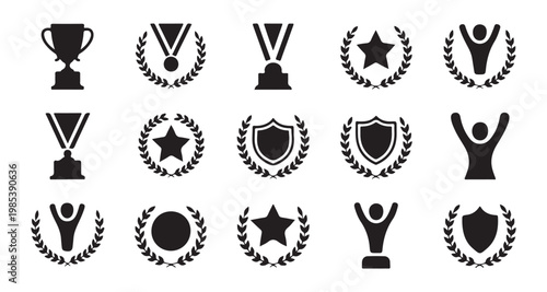 Award trophies and badges silhouettes with laurel wreath icons