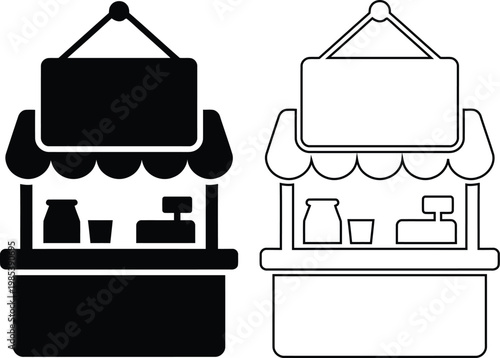 Vector icon set of a local street market stall and retail vendor booth kiosk with an awning and hanging signboard in black silhouette and line outline styles isolated on white.