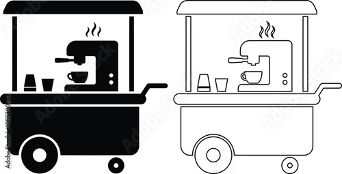 Vector icon set of a street coffee cart vendor stand and cafe kiosk with an espresso maker machine in solid black silhouette and line outline styles isolated on white.