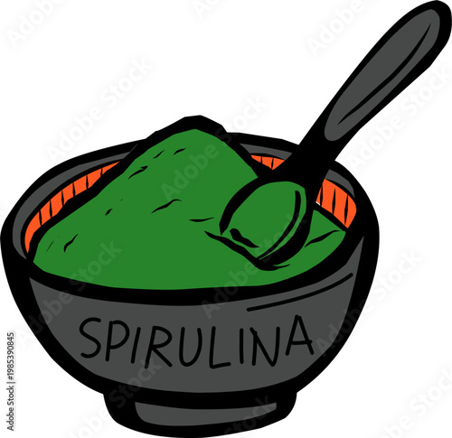 Doodle Spirulina Green Bowl Illustration. 