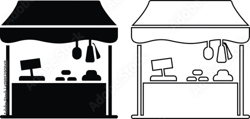 Vector icon set of a local street market stall and retail vendor grocery shop booth with an awning canopy in solid black silhouette and line outline styles isolated on white background.