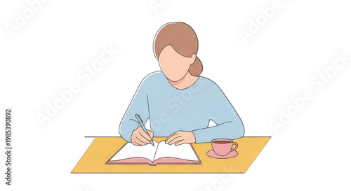 Woman writing in notebook at desk with coffee cup, creative work and education concept
