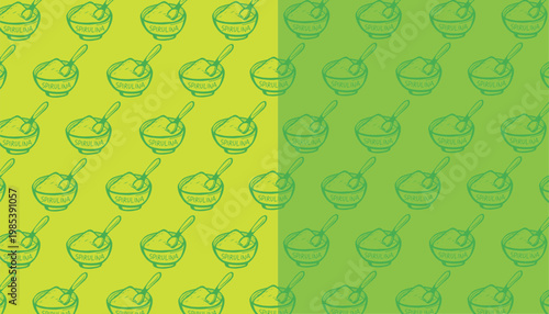 Spirulina Pattern Green Bowl Illustration. Handdrawn Style Packaging Background