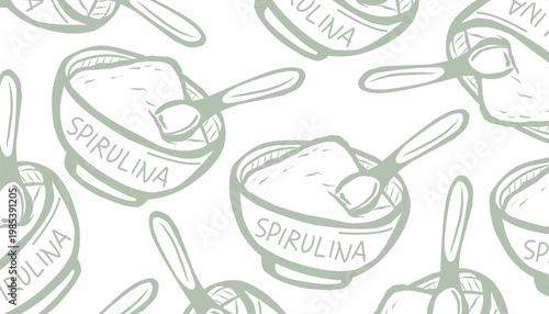 Spirulina Pattern Green Bowl Illustration. Handdrawn Style Packaging Background