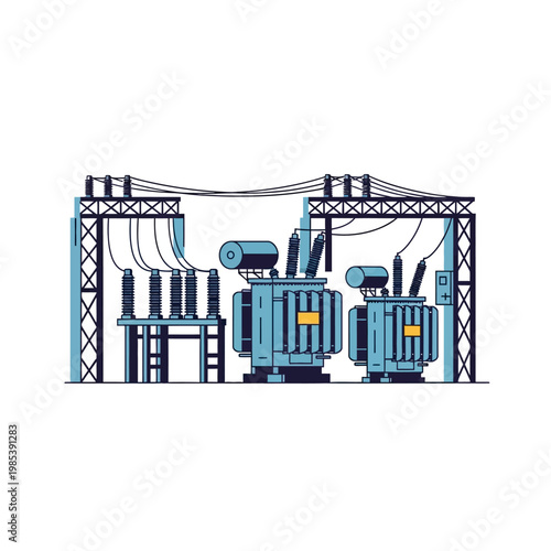 Electrical substation with transformers, power lines, and insulators, clean vector illustration