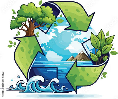 Vibrant recycling symbol featuring a lush green tree and ocean waves surrounding a beautiful earth illustration for global sustainability projects