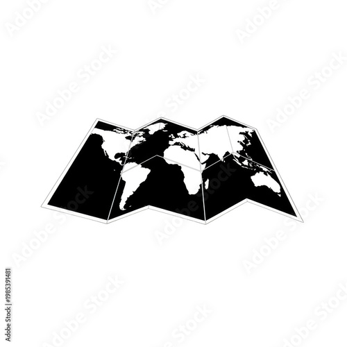 World Map Icon Black and White Silhouette Folded Paper Graphic