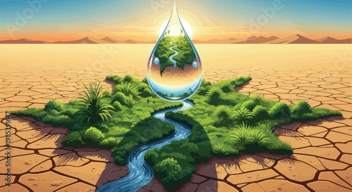 Clear water drop floating above a thriving green oasis blooming inside a vast and dry cracked desert landscape at sunrise