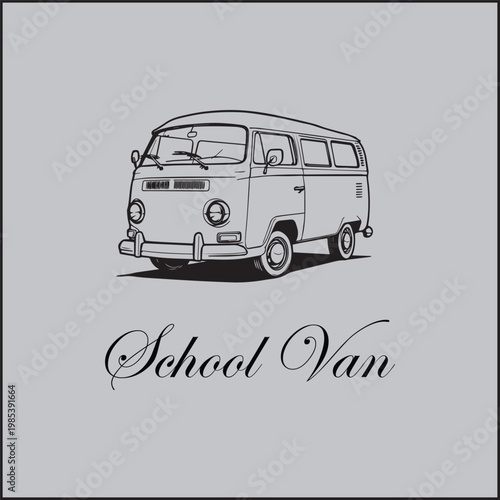 Bright yellow school van illustration, isolated on white background, front view