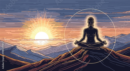 Serene individual meditating peacefully on a mountain peak at sunrise, surrounded by an ethereal glow, symbolizing spiritual enlightenment, harmony, and profound tranquility.