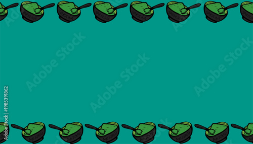 Spirulina Pattern Green Bowl Illustration. Handdrawn Style Packaging Background