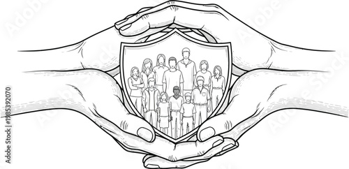 Two large hands cupped together protect a diverse group of people standing inside a sturdy shield shaped outline drawing illustration