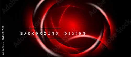Abstract red neon circles over black background. Modern design element, dynamic lighting effect, simple text below.