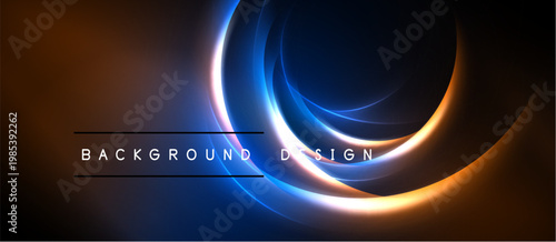 Abstract neon circles overlap dark background. Orange, blue hues create dynamic visual effect. Modern design element for presentations.