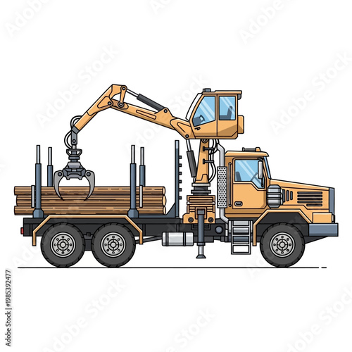 Logging Truck with Crane and Logs - Industrial Vehicle Illustration