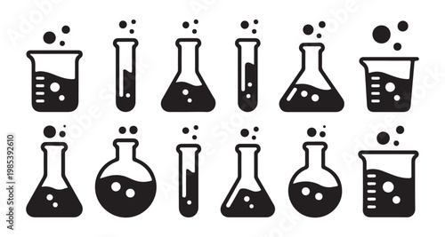 Chemical experiment symbols with flasks and beakers set