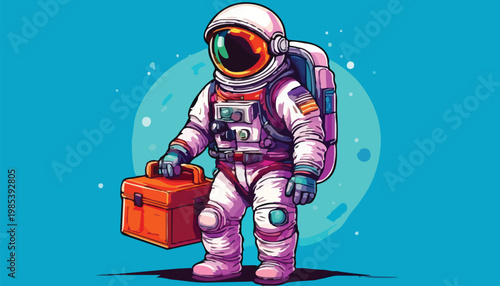 Cartoon Astronaut Ready for Space Mission with Toolbox.