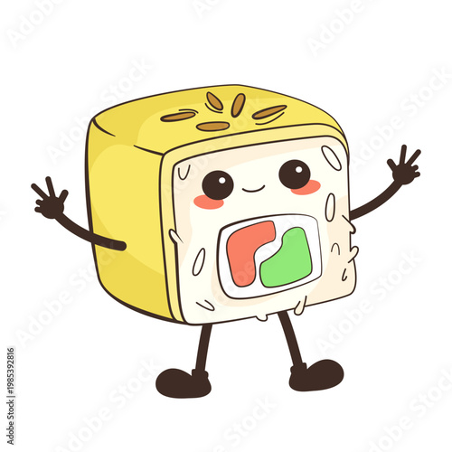 Smiling sushi character in cute cartoon style on a clean white background, symbolizing fun and food joy. Vector illustration