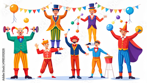Circus Stage Characters Vector Set: Strongman, Clown, Juggler, and Magician