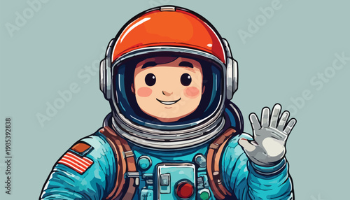 Cartoon Astronaut Waving Hand in Space Suit Illustration.
