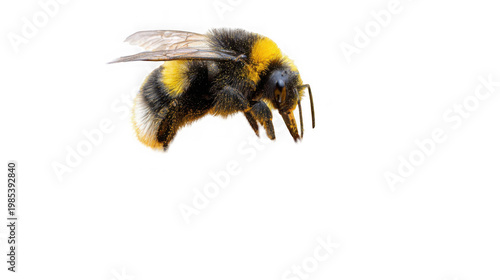 A close-up photograph of a bumblebee in flight against a black background
