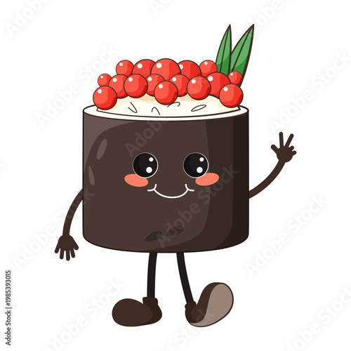 Smiling sushi character with cute cartoon style on white background showing playful concept of fun food. Vector illustration