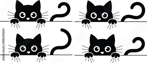 Cute cat silhouette set, funny kitten peeking isolated vector illustration black and white design