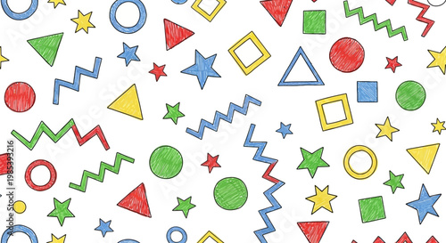Colorful geometric shapes pattern with a hand-drawn texture on a white background, featuring circles, squares, triangles, stars, and zigzags.