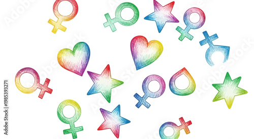Rainbow-colored hand-drawn hearts, stars, and female gender symbols scattered on a white background, representing diversity and pride.