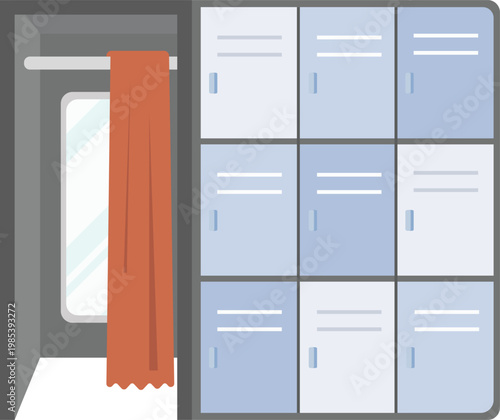 Vector illustration of a gym locker room interior with storage lockers and an open changing compartment featuring a curtain and mirror. It represents fitness facilities and sports environments
