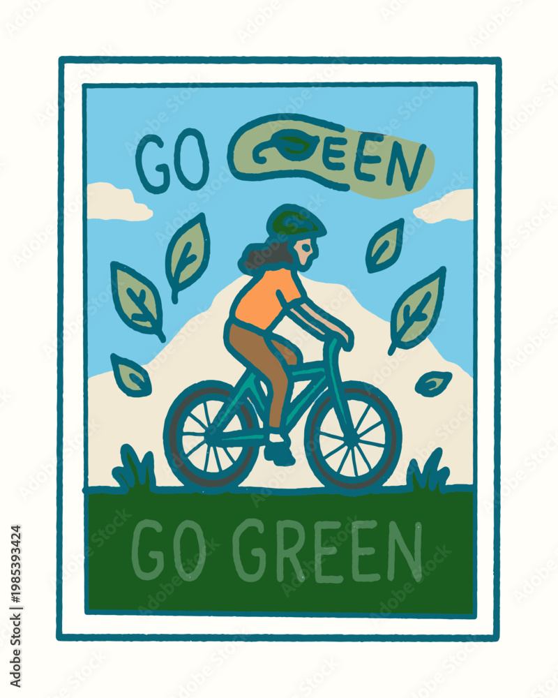 Fototapeta premium Go Green Lifestyle Illustration with Woman Riding a Bicycle