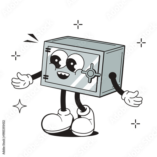 Smiling safe box character in simple cartoon style on white background, symbolizing security and money fun. Vector illustration