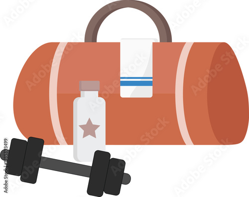 Vector illustration of a gym duffel bag with fitness accessories, including a dumbbell and a supplement bottle. Ideal for fitness branding, sports apps, and wellness-related content.