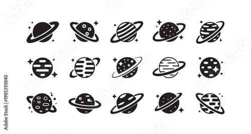 Space planet silhouettes with rings and stars icon set