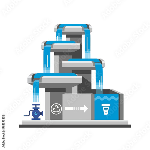 Water Purification System with Flowing Water, Pump, and Filter Icon
