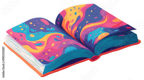 A vibrant and colorful open book with a psychedelic design on its pages