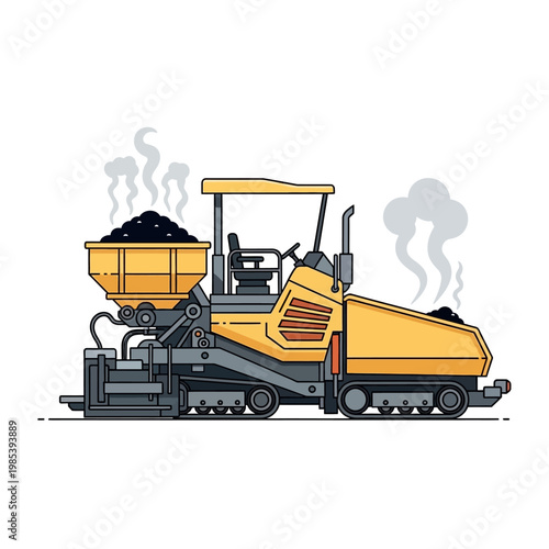 Yellow asphalt paver machine laying down hot tar on a road construction site, emitting steam.