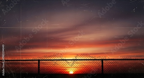 Barbed Wire Fence Silhouette Against Dramatic Sunset Sky