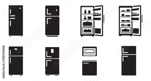 Home appliances silhouette icons set with fridge oven and microwave