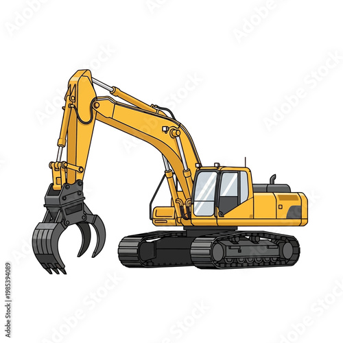 Yellow excavator with grapple claw attachment, construction equipment, vector illustration