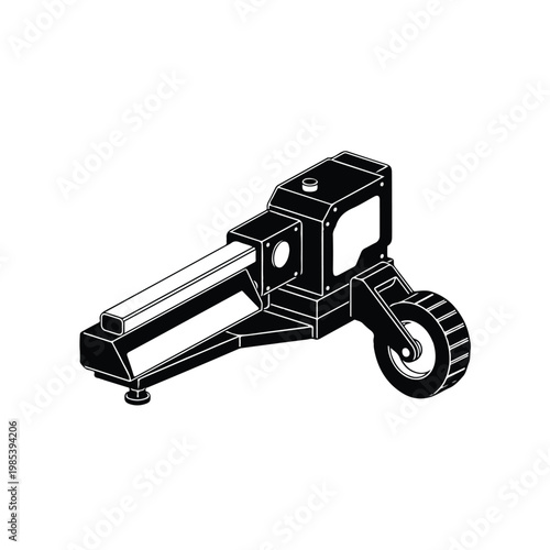 Black and white illustration of a mechanical device with a wheel and long metal component on a plain white background.