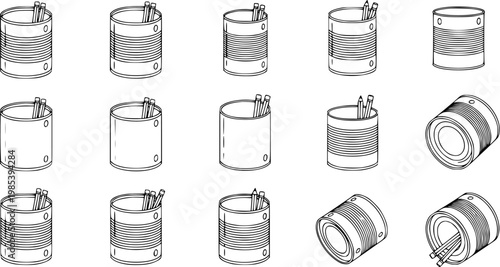 Black and White Line Art Collection of Tin Cans, some serving as Pencil Holders, illustrating Household, Office, and Recycling Concepts