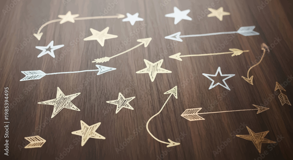 Fototapeta premium Stars and arrows drawn on a wooden surface, symbolizing direction, goals, and pathways.