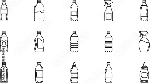 Plastic Bottles Line Art Icons. Set of various outline beverage, water, juice, milk, condiment, and spray cleaner bottles. Food  Household packaging collection.