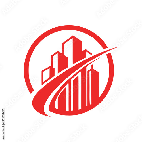 Red city skyline logo with road and buildings in circle  urban landscape icon