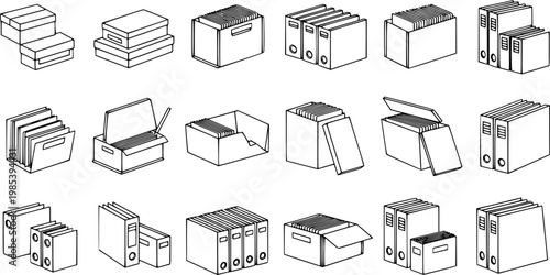 Isometric Office Filing and Storage Boxes Black  White Line Art Icon Set for Business Document Management